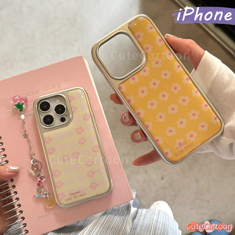 Estetik Flowers Bling Bling Hologram Case hp iPhone 16 13 15 17 11 12 14 Pro Plus Max Air Silver Cew