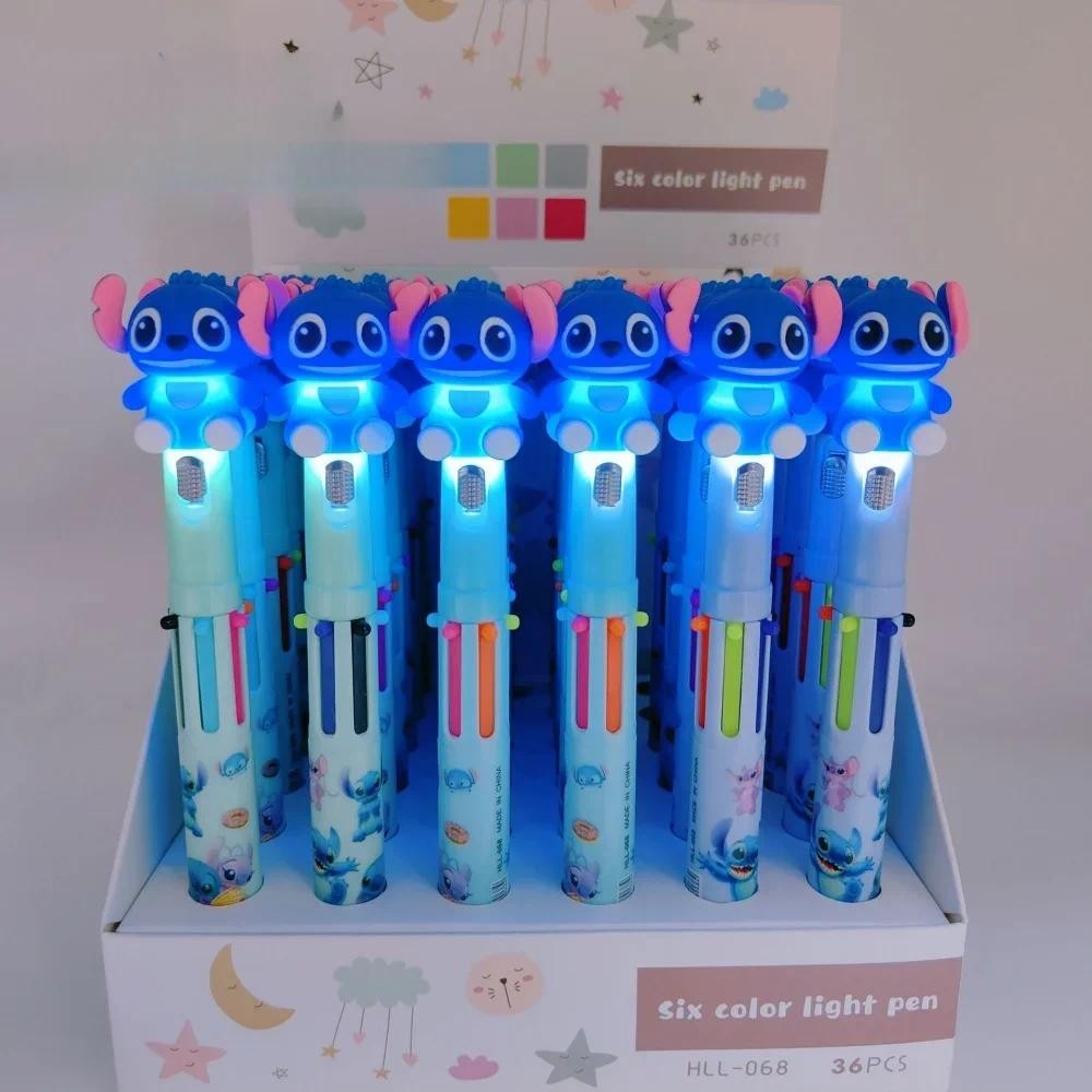 

New Stitch Glowing 6 Color Pen Cartoon Multicolor Ballpoint Pen With Light Cute Shape Student Stationery Writing Tools