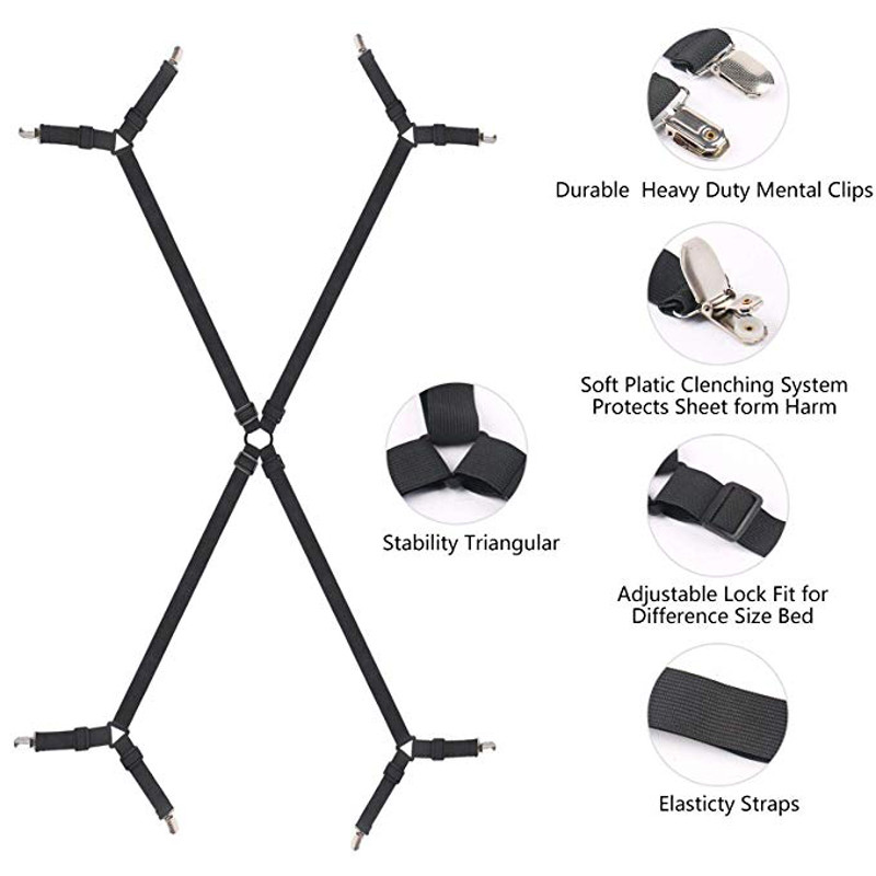 

1 Set Crisscross Adjustable Bed Fitted Sheet Straps Suspenders Gripper Holder Fastener Clips Clippers Kit Home Textiles Organize