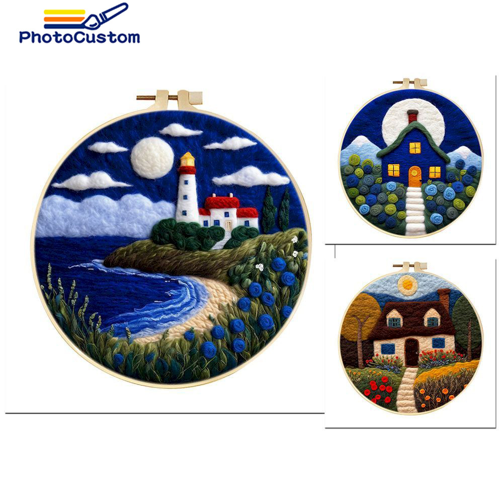 

PhotoCustom Diy Felting Kit Wool Felting Painting With Complete Kit House Landscape Wool Needle Felt Picture Kit Felt Craft New