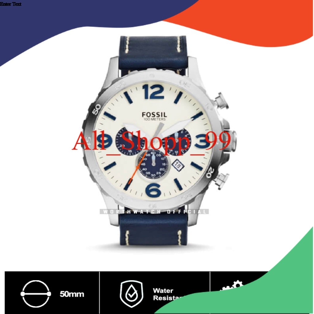 Jam Tangan Pria Besar Nate Chronograph Navy Leather Strap Original BNIB 50mm