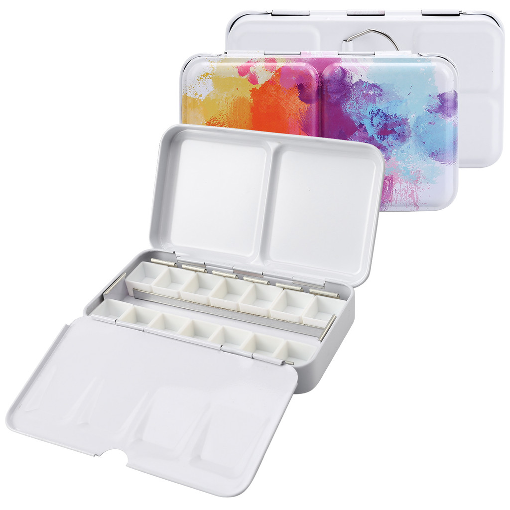 

Watercolor Tin Palette, Metal Empty Paint Case with 14 PCS Empty Half Pans for DIY Travel Watercolor Palette