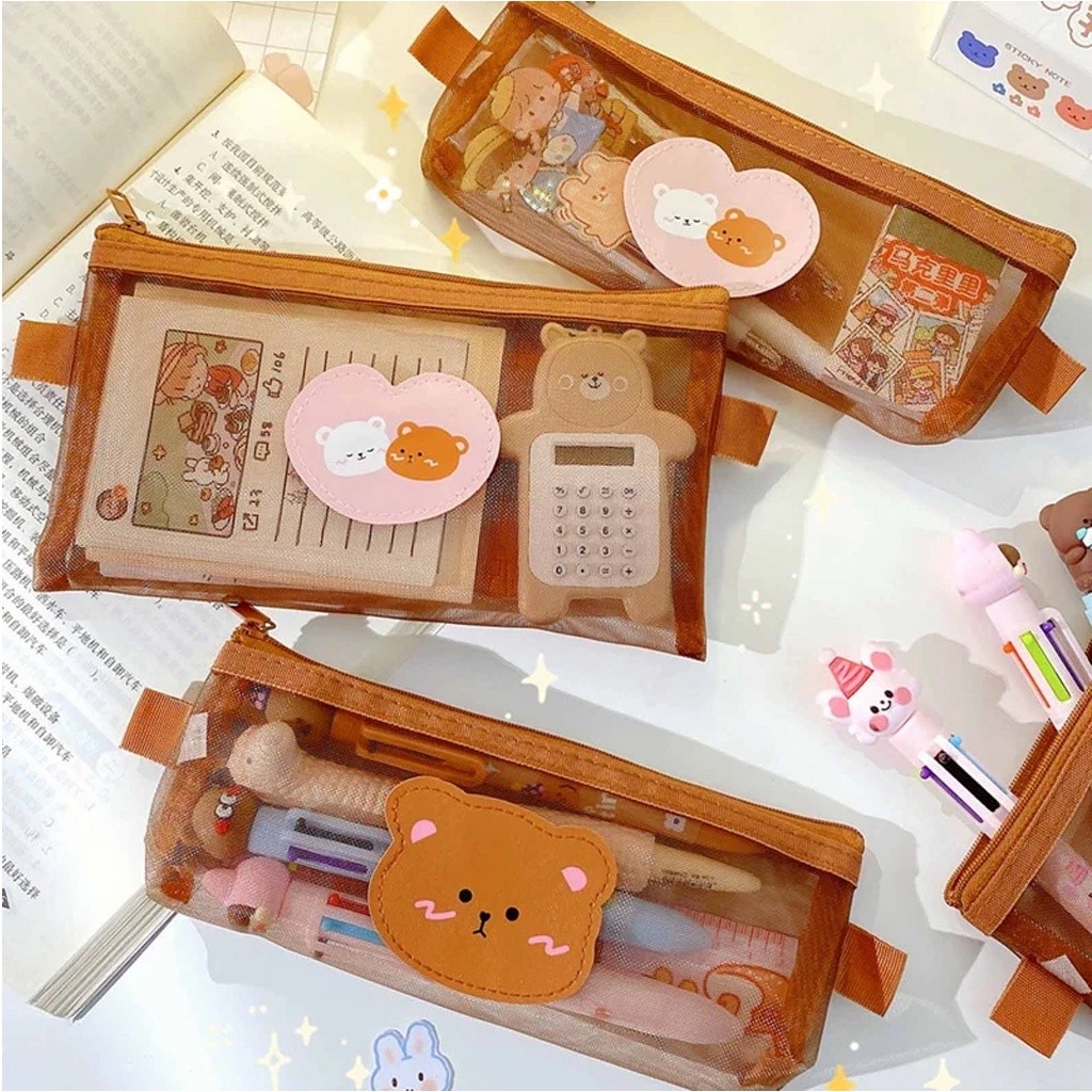 

LB Tempat Pensil Zipper Coklat Motif Beruang Dompet Pensil Coklat Lucu Motif Bear Tempat Makeup Teddy Brown Model Jaring Transparan S093