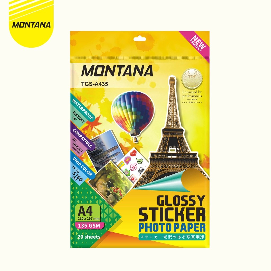 

MONTANA Glossy Sticker Photo Paper A4 20 Sheets 135 GSM Kertas Foto Stiker TGS-A435