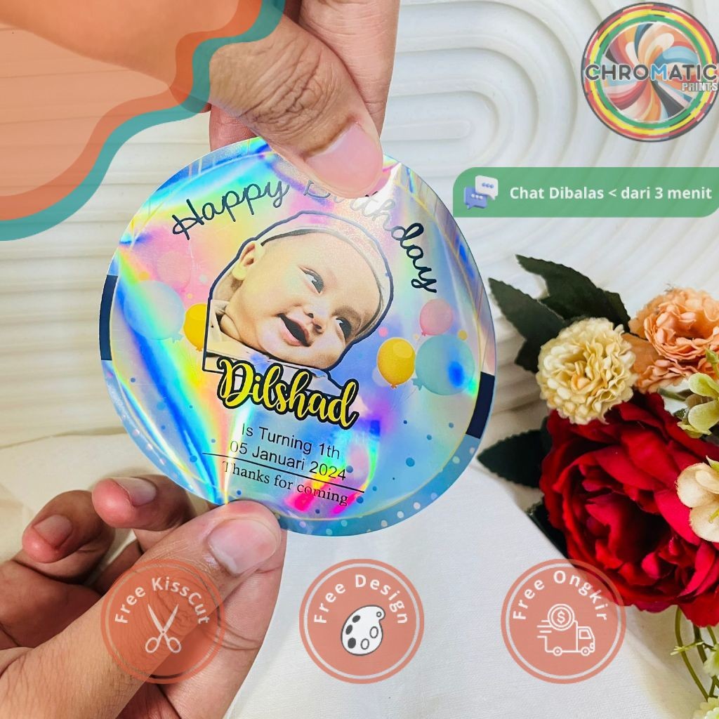 

chromatic 5-8 Stiker Hologram Ulang Tahun Anak Sticker Label Undangan Happy Birthday Uk.Sedang