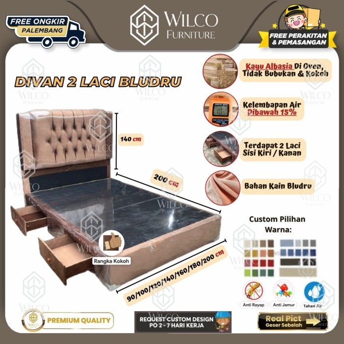 Custom Divan Sandaran 2 Laci Bludru Beverly | Divan Laci Serbaguna | Custom Divan Kayu Palembang - 1