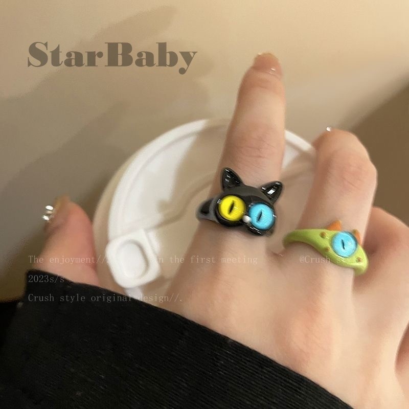 【starbabyl】Cincin Monster Kucing Hitam Wanita yang Dipersonalisasi Cincin Wanita Cincin Ekor Pasanga