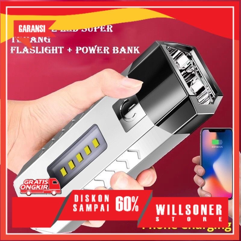 Senter Led 2 Mata 5 Cob Mini Multifungsi Flashlight Dan Powerbank / Senter Powerbank 2 Mata Led