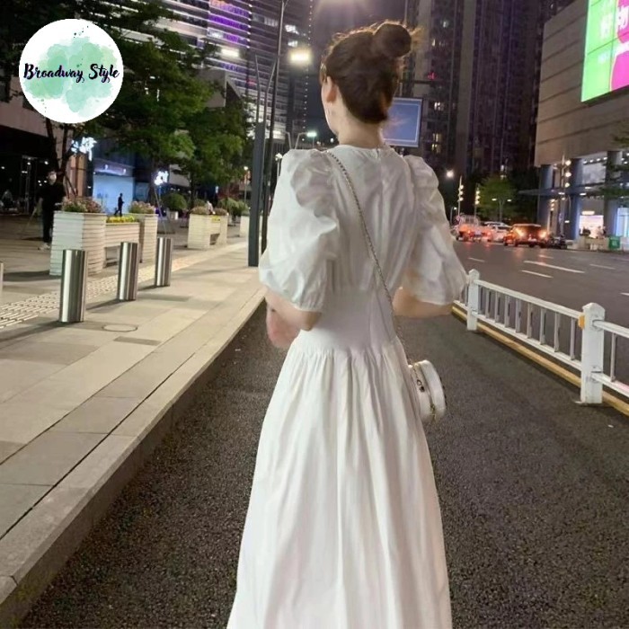 Maxi Long Dress Baju Terusan Wanita Lengan Puff Putih Polos S To XXL - XXL