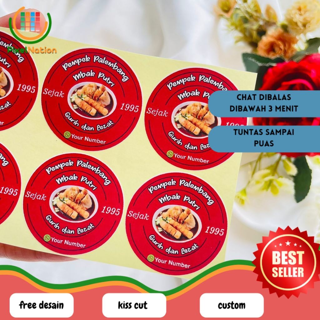 

PiNat 9-15 Cetak Sticker Makanan Pempek Chromo Bulat Free Desain Cutting Kiss Cut Custom Murah