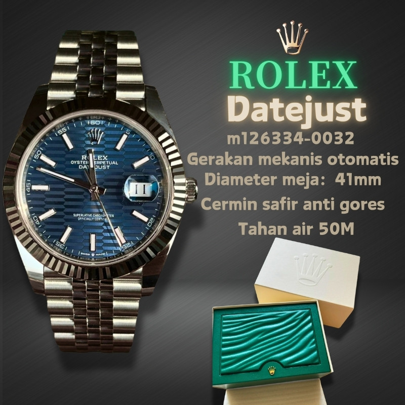 【Swiss Rolex%100Asli】Jam Tangan Pria Rolex Datejust Seri M126334-0032 (pelat Biru Riak Air) Gerakan 
