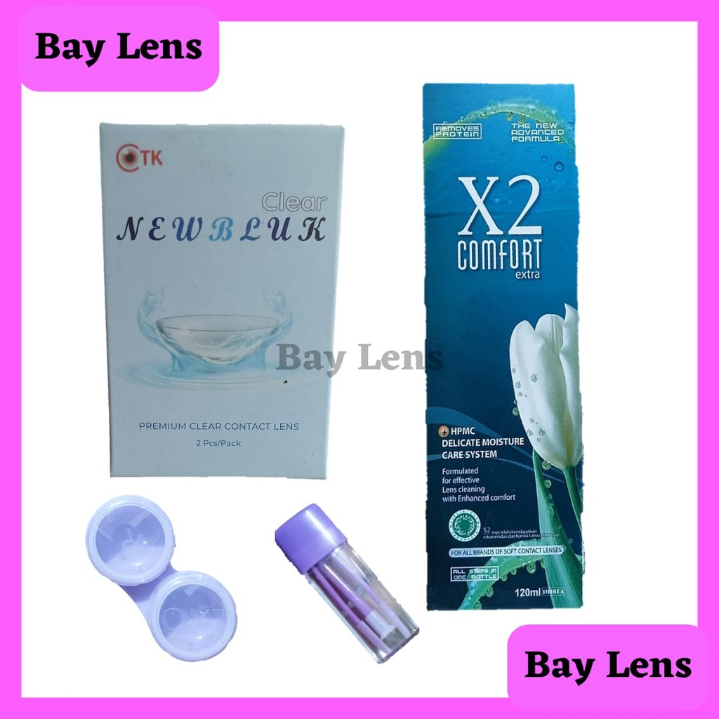 Paket Softlens Minus Newbluk Clear Diameter 14,2mm + Air Softlens X2 120ml + Pinset + Lenscase