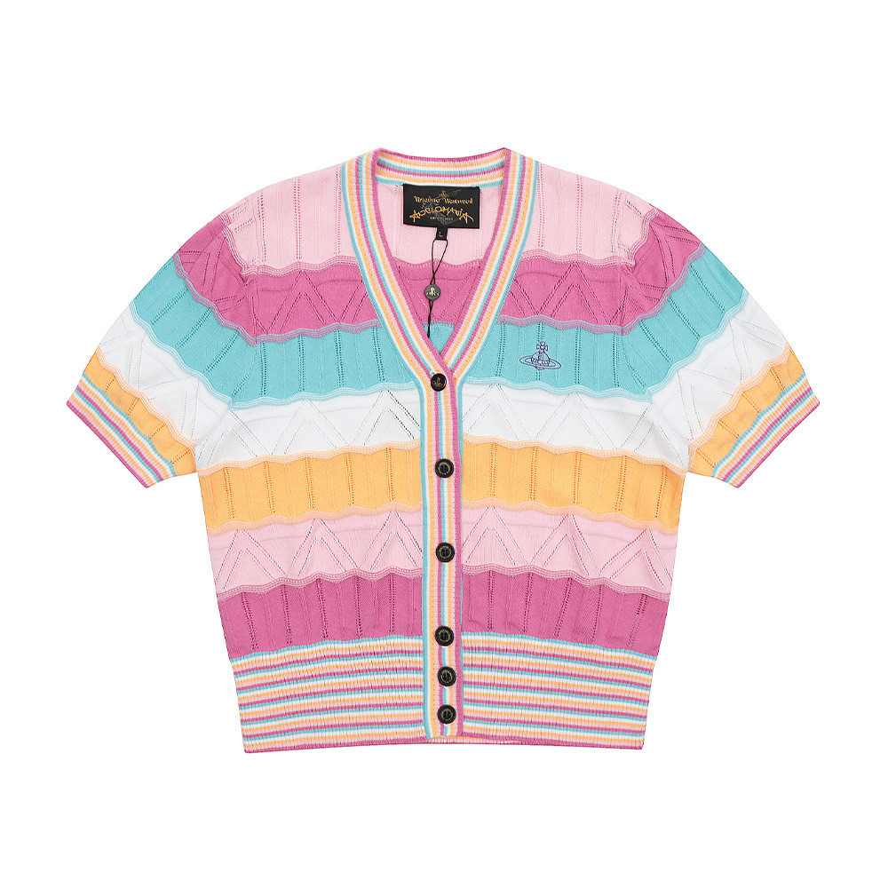 Vivienne Westwo.. Vivienne Dopamin Blok Warna Rajutan Sweater Cardigan T-shirt Lengan Pendek