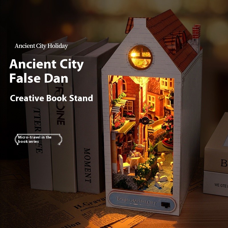 

3d Diy Bookshelf Insert With Furniture Wooden Miniature Book Nook Shelf Bruges Ancient City Model Bookends Kids Birthday Gifts
