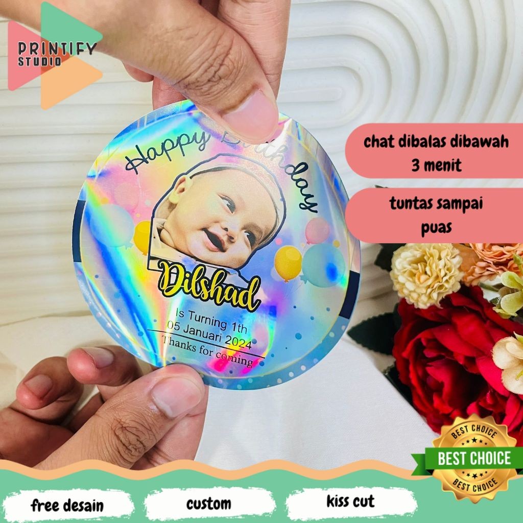 

Printify 5-8 Stiker Hologram Ulang Tahun Anak Sticker Label Undangan Happy Birthday Uk.Sedang