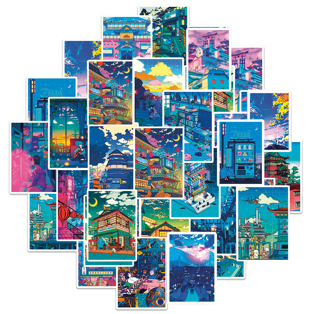 

10/30/50pcs Cute Art Street Night View Cartoon Stickers Aesthetic Ins Decals Scrapbook Phone Laptop Luggage Wall Sticker Kid Toy
