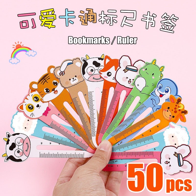 

50pcs Cute Cartoon Ruler Bookmark Creative Animal Paper Bookmark Kawaii Student Kid Stationery School Supplies