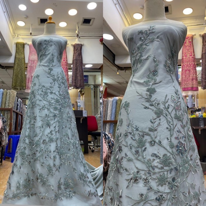 ✨LARIS✨ -Kain Brokat payet Kain tulle mutiara tile bordir Bahan kebaya Brukat - Denim