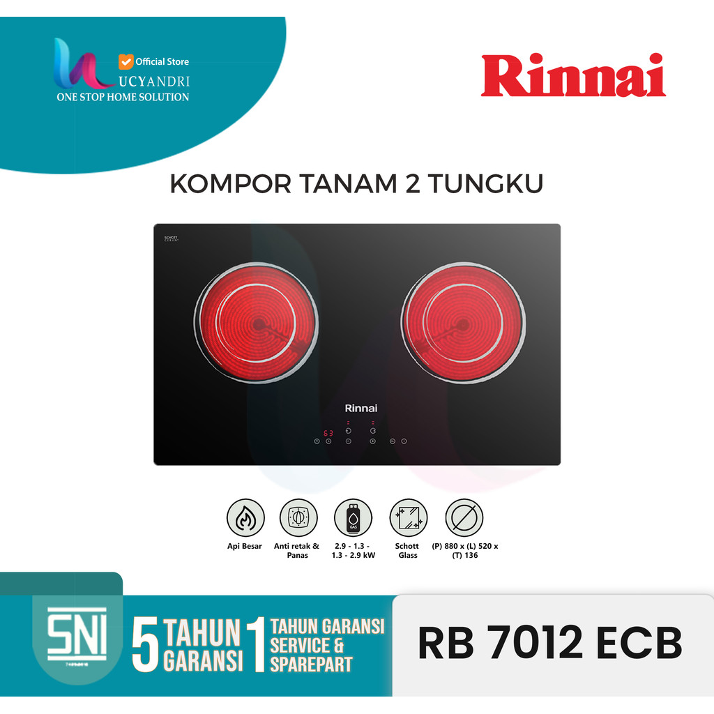 Kompor Tanam Listrik Rinnai RB7012ECB | 2 Tungku | Kompor Listrik Kaca Tempered | Induksi Elegan