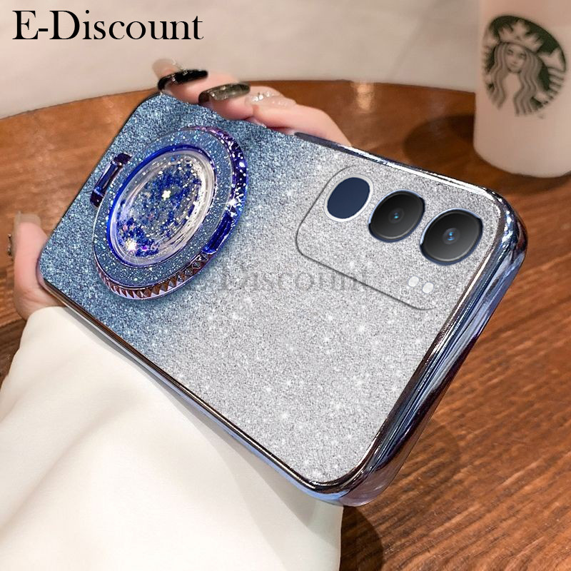 New Phone case Vivo Y19s Y39 Y29 Back cover with Liquid Glitter Quicksand hourglass Stand Holder Lux