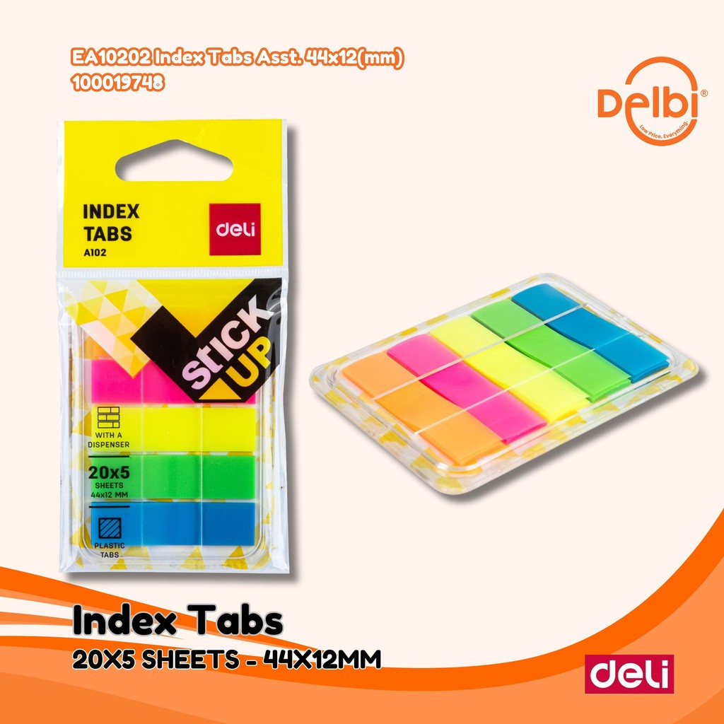 

Deli Index Tab penanda warna cerah melekat kuat media yang ditempel tetap bersih EA10202 Index Tabs Asst. 44x12(mm)