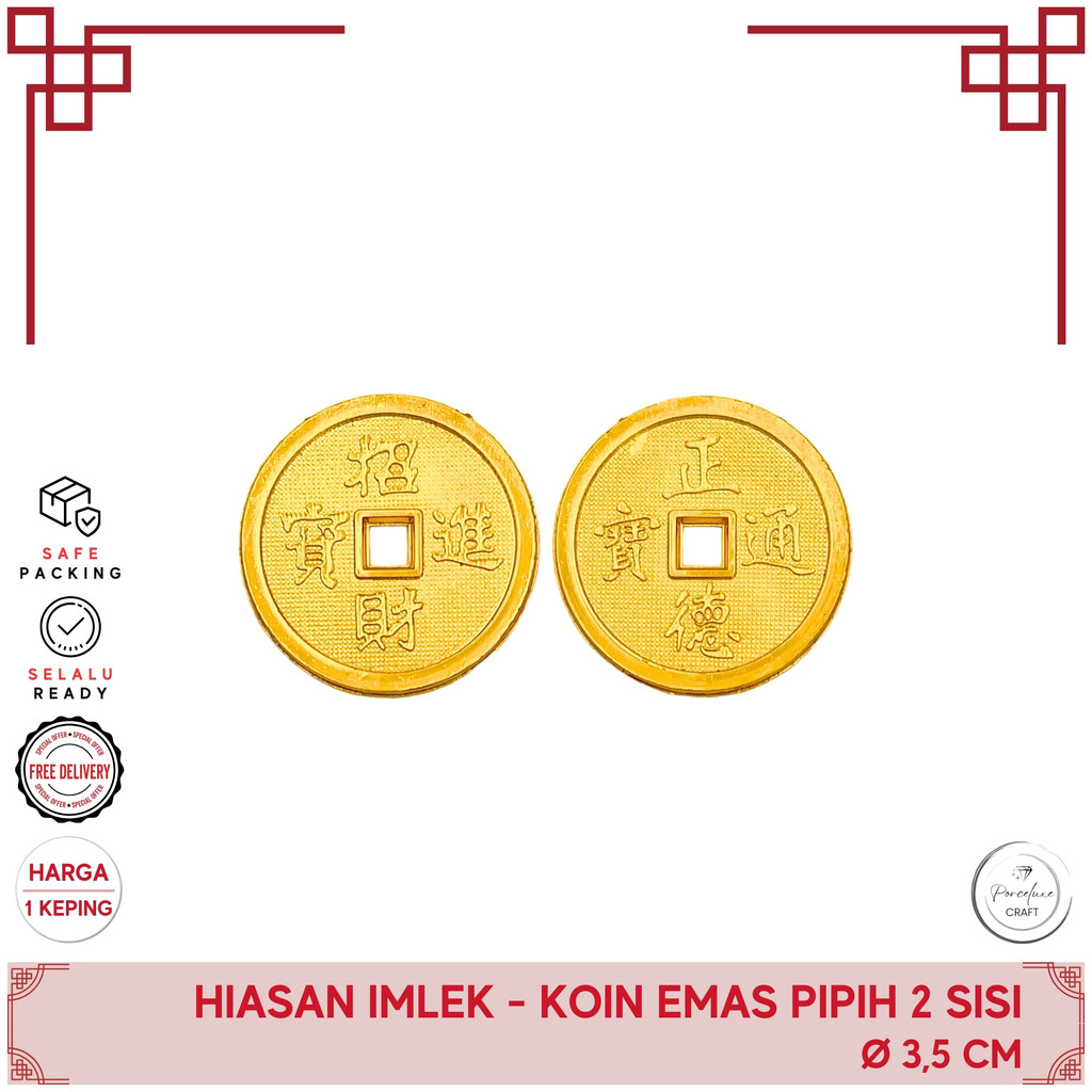 Ornamen Imlek Hiasan Koin Emas Pipih Dua Sisi 3,5cm Dekorasi Feng Shui Rejeki Angpao Cina Antik Unik