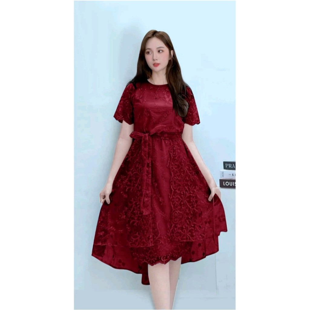 Baju Dress Midi Brukat Wanita Remaja Korea Casual Adem Mewah Elegan Pesta Natal Trand Viral Model Te