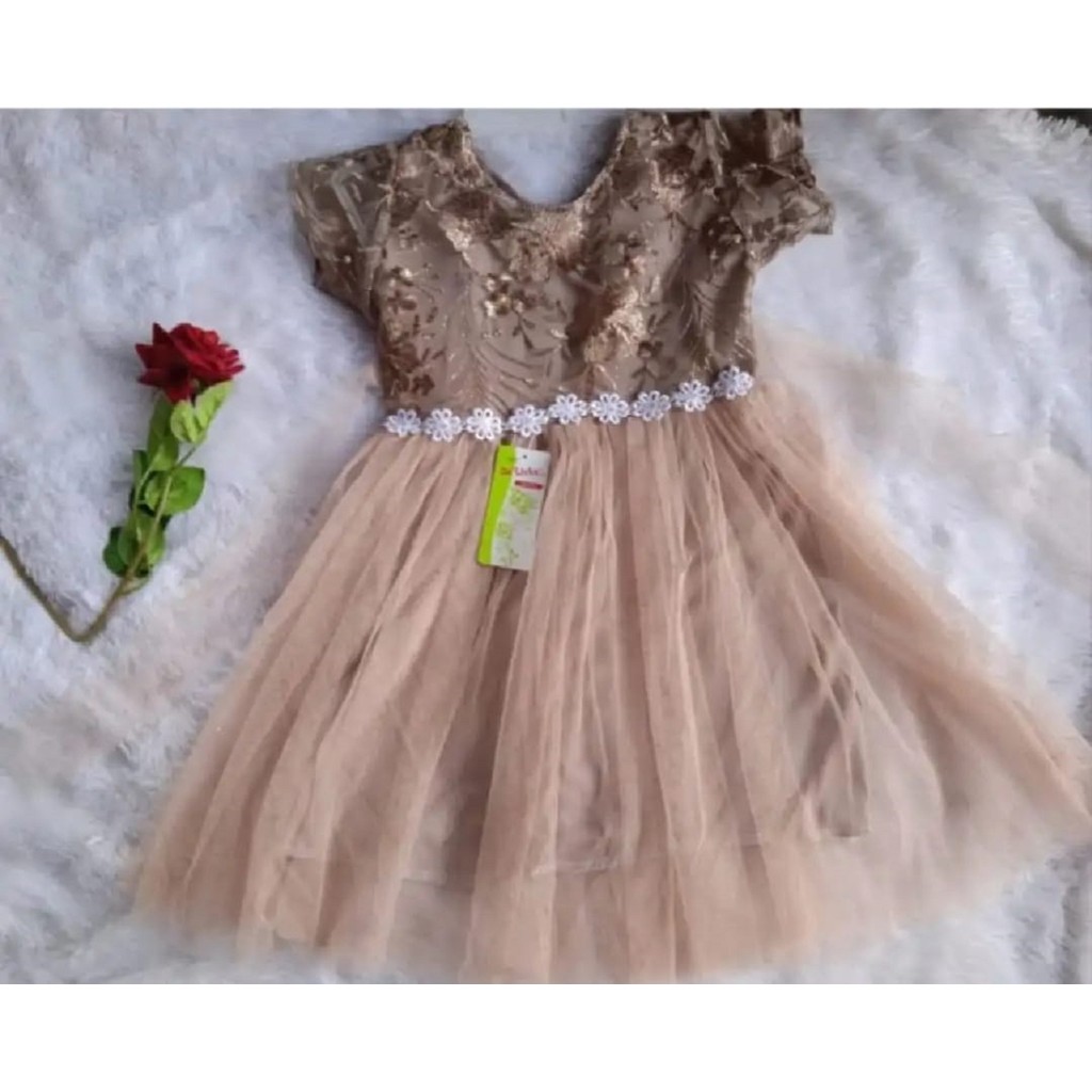 DRESS BROKAT TANGAN RENDA ANAK 1 - 8 TAHUN // DRES TUTU COKLAT // TERLARIS DAN TERMURAH