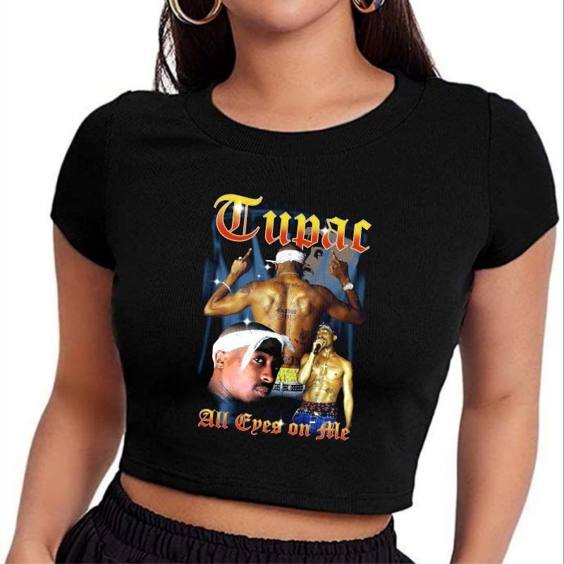 schwarze.katze Baby Tee TUPAC 2PAC - ALL EYES ONE ME band rapper Y2k Style Crop Tee hitam crop top p