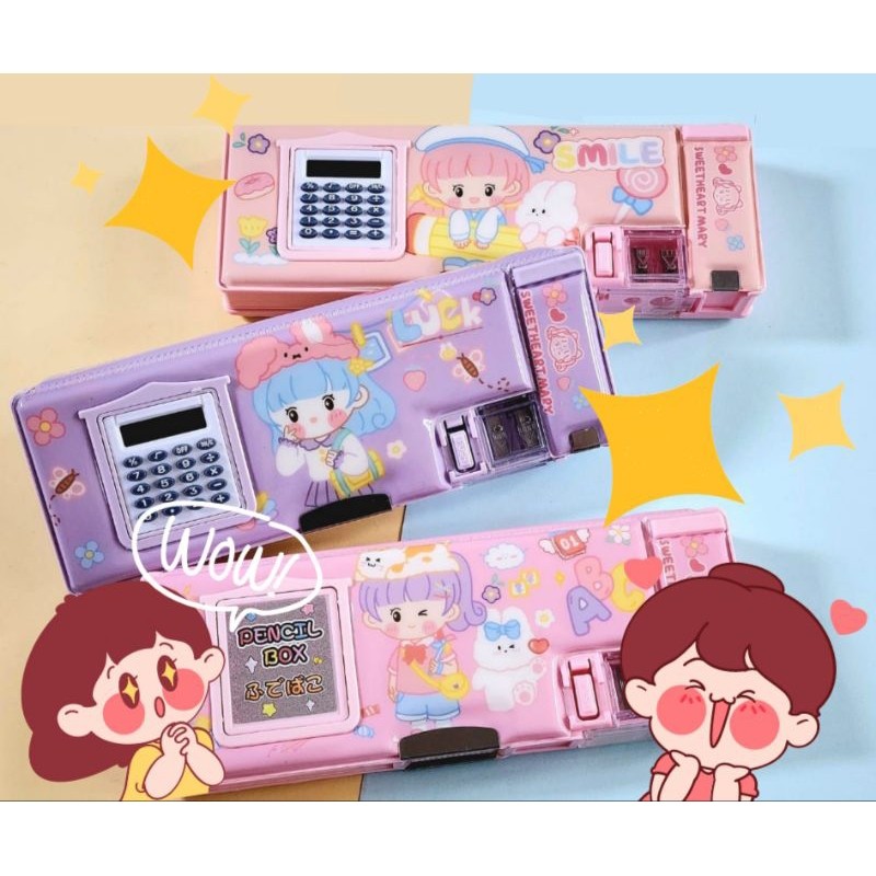 

Tempat Kotak Pensil Magnet Bergambar Bermotif Karakter Cowok Cewek Kalkulator Serutan 1 pcs