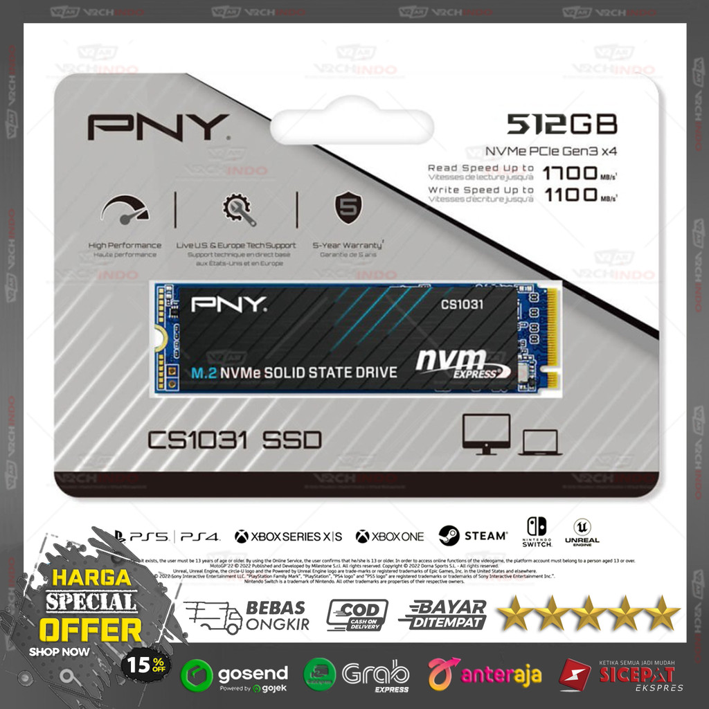 SSD NVMe M.2 PNY 500GB CS1031 PCIe 2280 - SSD NVME M2 PNY 500 GB CS-1031 Gen 3 X4 Top Brand USA 