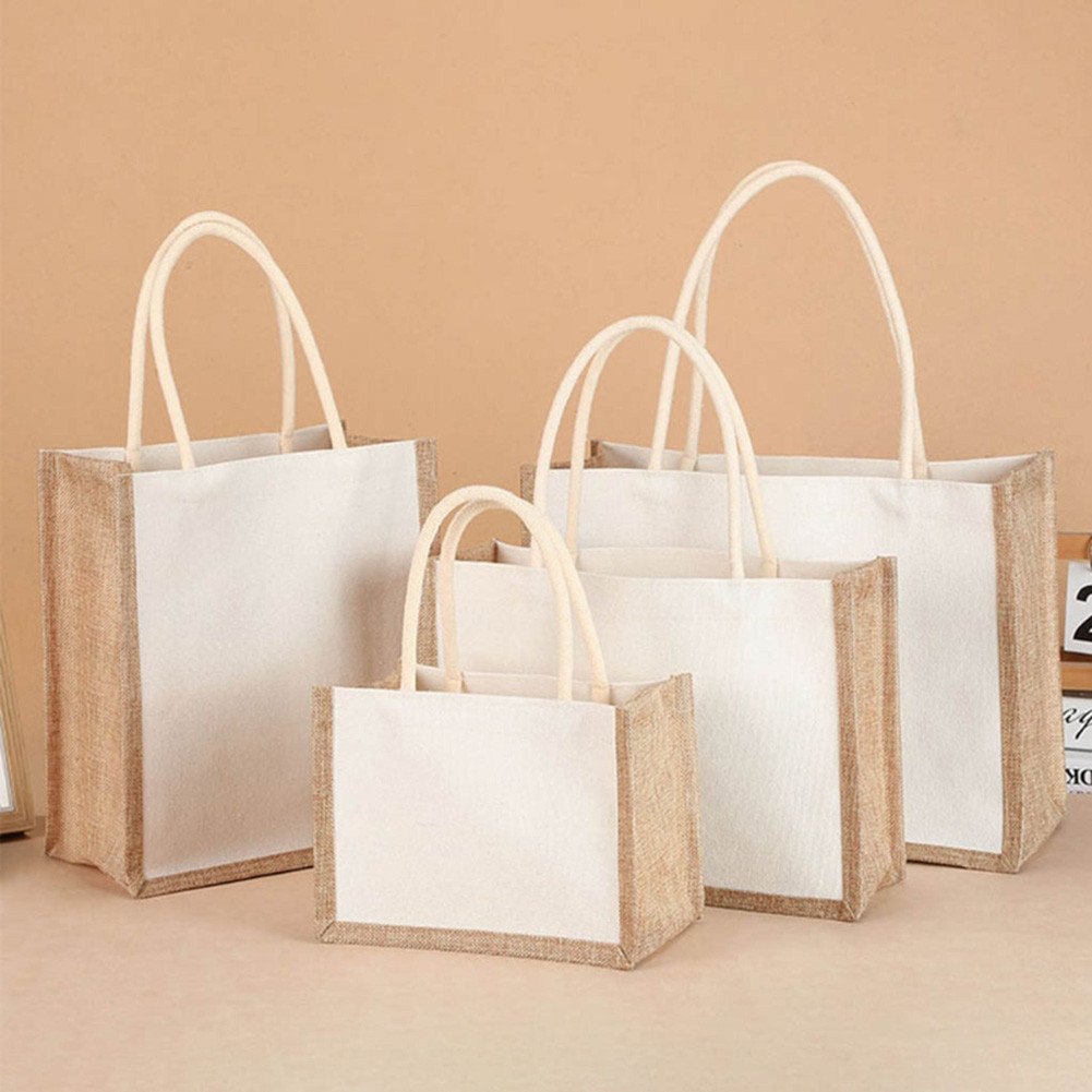 

Burlap Jute Tote Shopping Bag Reusable Grocery Wedding Birthday Gift Handle Bags Handmade Multifunctional Tote