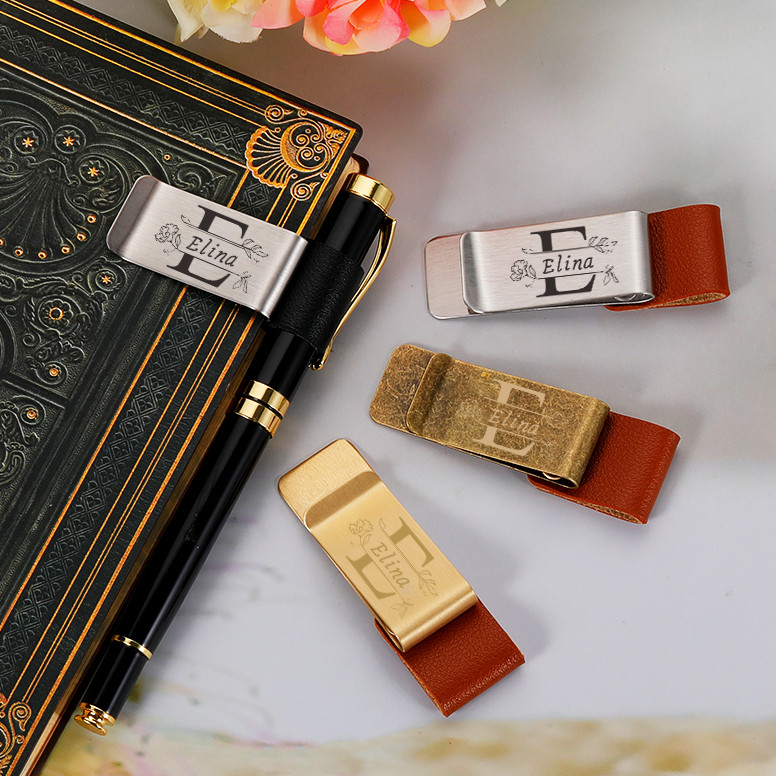 

Penrfaiy Personalized Custom Name Pen Holder Clip Leather Brass Stainless Steel Journal Notebook Paper Folder Office Supplies
