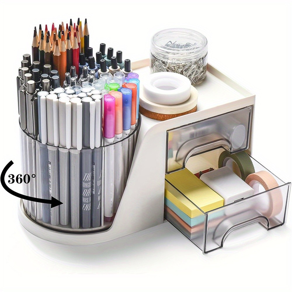 

Rotating Desk Organizer with 2 Drawer 360° Rotatable Holder Multi Functional Stationery Storage Holder for Office Supplies