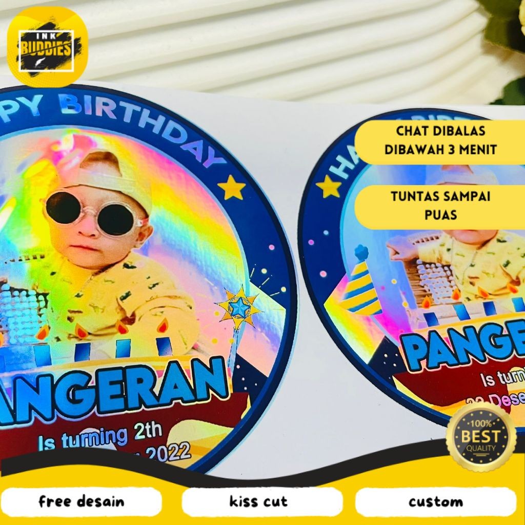 

INB 9-15 Sticker Ulang Tahun Anak Hologram Anti Air Stiker Label Undangan Happy Birthday Besar