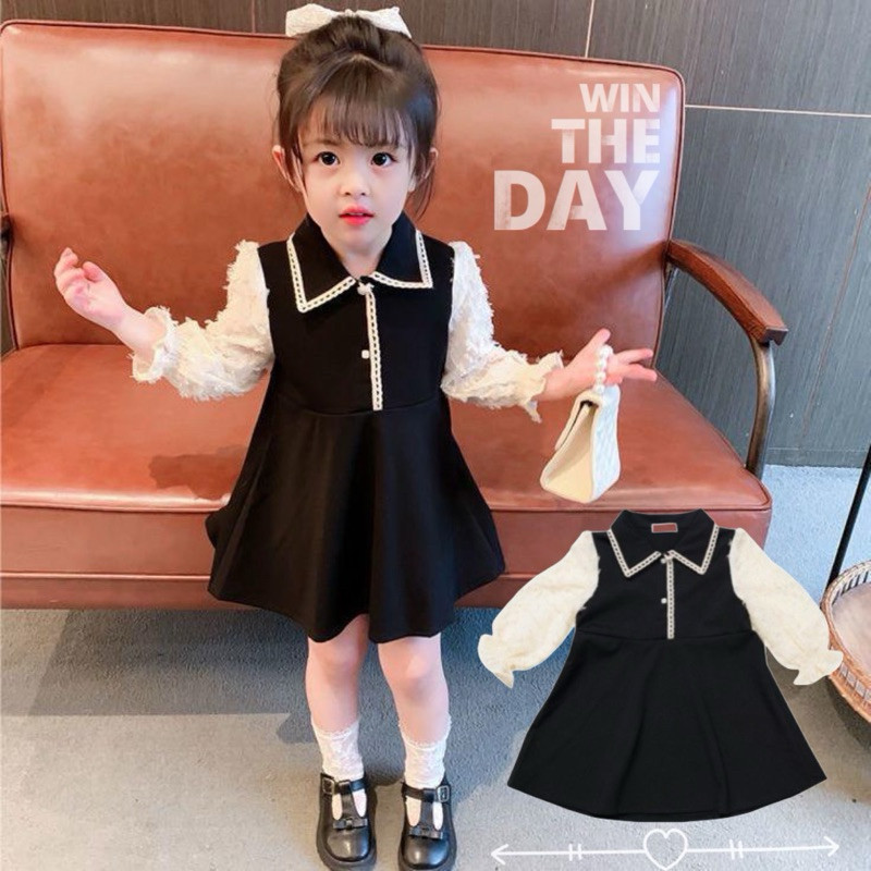 2-8Tahun Gaun pesta Anak hitam putih lengan panjang cantik