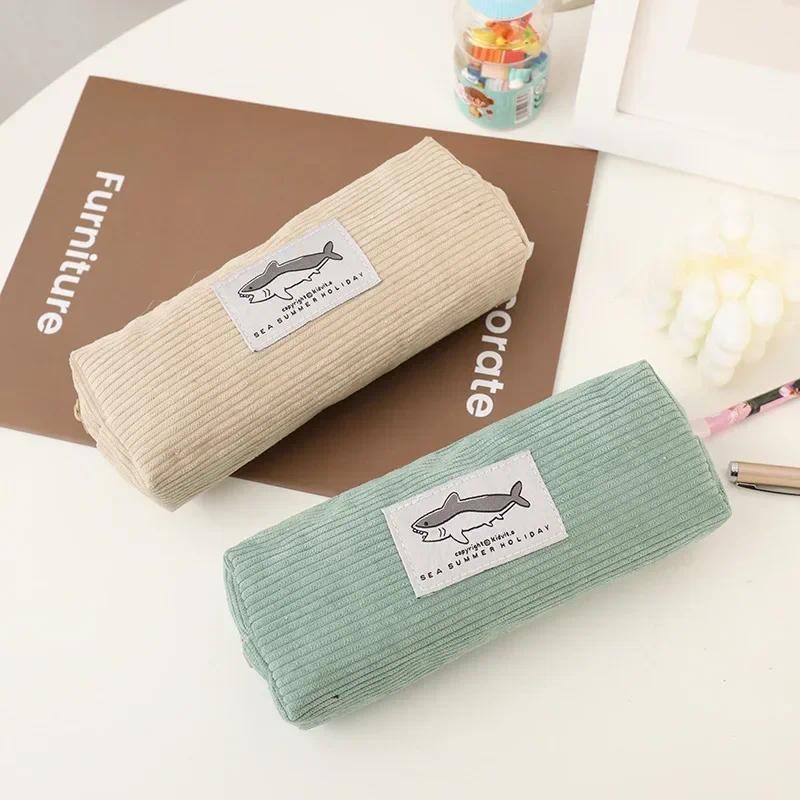 

Little Shark Embroidery Pen Bag Pouch Cute Corduroy Pencil Case Gift for Girls Boys School Office Stationery Organizer Supplies