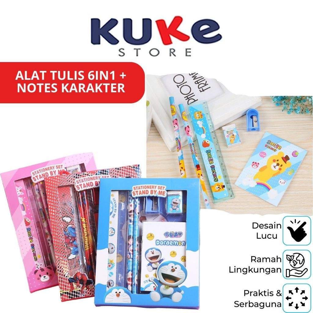 

KUKE Alat Tulis 6in1 + NOTES Karakter Lucu / Paket Lengkap Kotak Box Pensil Penghapus Penggaris Rautan Buku Gambar Kartun Imut / Set Mini Stationery Character Isi 6 Pcs ATK Perlengkapan Anak Sekolah Souvenir Spiderman Mickey Mouse Mini