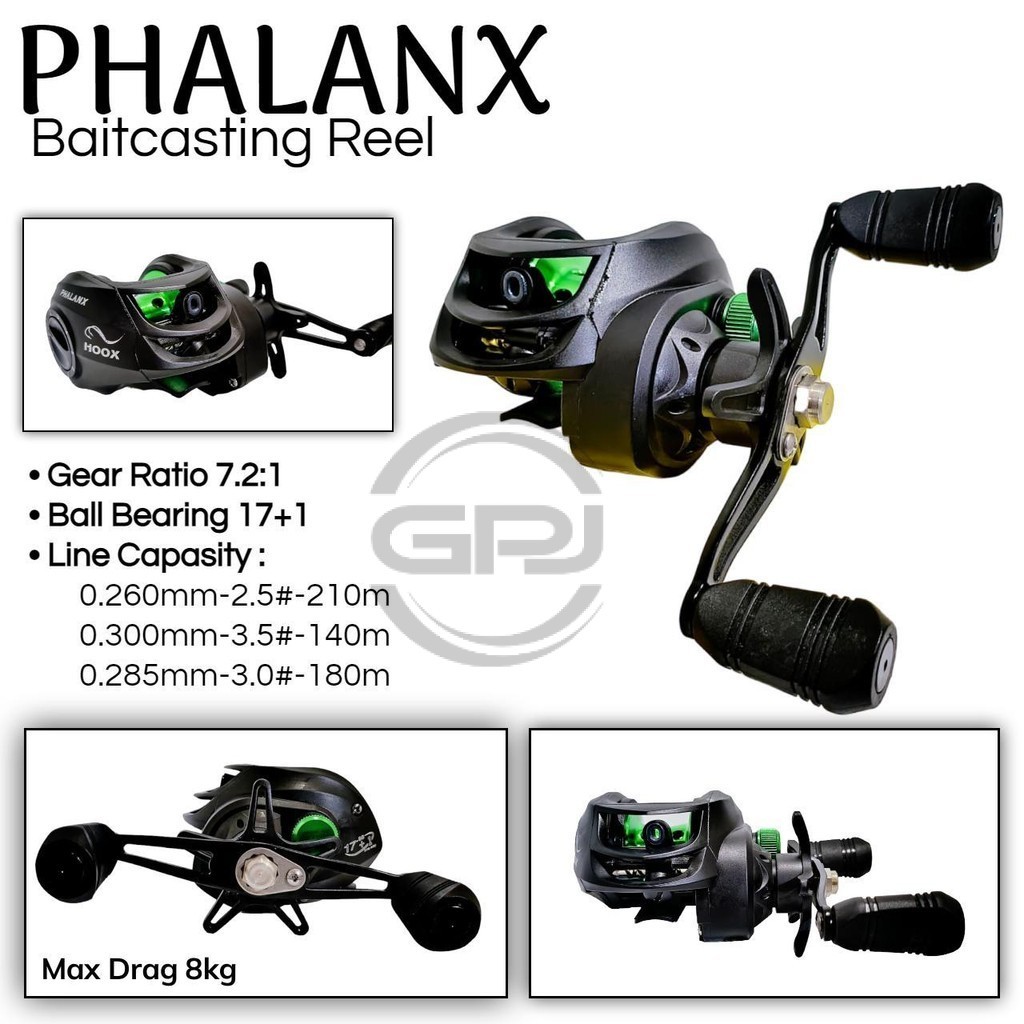 GPJ Hoox Phalanx 17+1 Ball Bearing Reel Baitcasting Handle Kiri Rell Bc Gulungan Senar Pancing Max D
