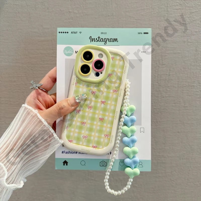 Soft case HP silikon lembut motif kotak hijau dengan pita pink Untuk Case Vivo Y17S Y15S Y12 Y28 Y12