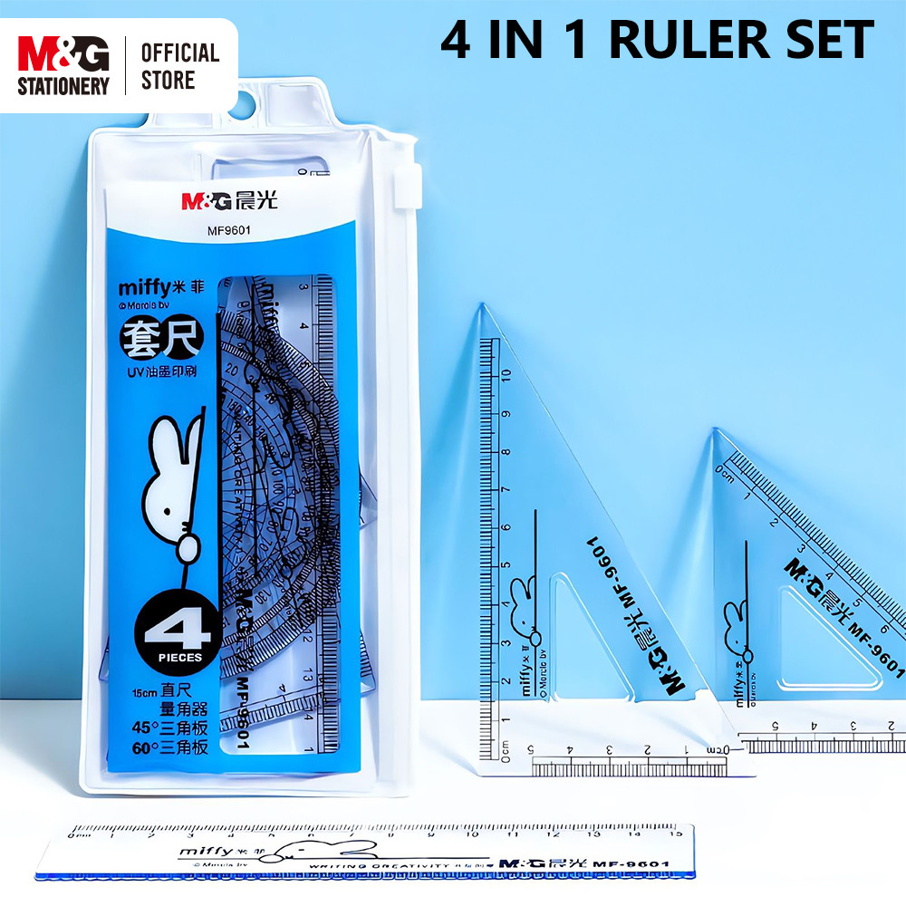 

M&G Miffy Drawing Ruler Set 4pcs Measurement Ruler Triangular Ruler Protractor Exam Student Supplies Color Ramdom