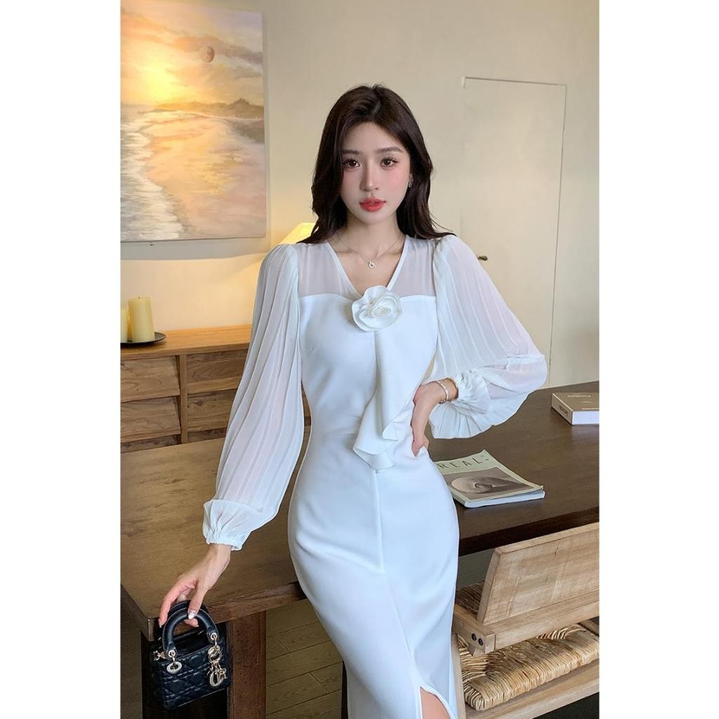 FAN Gaun Pesta Temperamen Elegan Prancis Gaun Pesta Mewah Gaun Sifon Lengan Panjang Putih