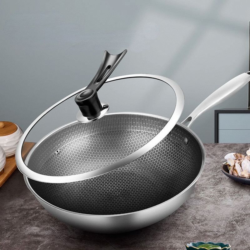 Non-stick Thick Honeycomb Handmade Uncoated Stainless Steel Wok Non-stick 304 Stainless Steel Gas/in