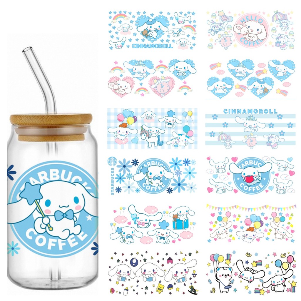 

Miniso Cute baby Cinnamoroll 28pcs pattern 3D Cartoon UV DTF Transfer Sticker Waterproof Decals for 16oz Glass Cup Wrap Stickers