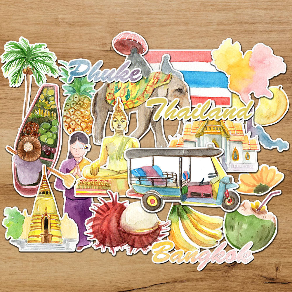 

Pack of 19 Thailand Themed Sticker Pack Perfect for Scrapbooking, Journal, and Laptop Personalization - Travel Inspired Decals