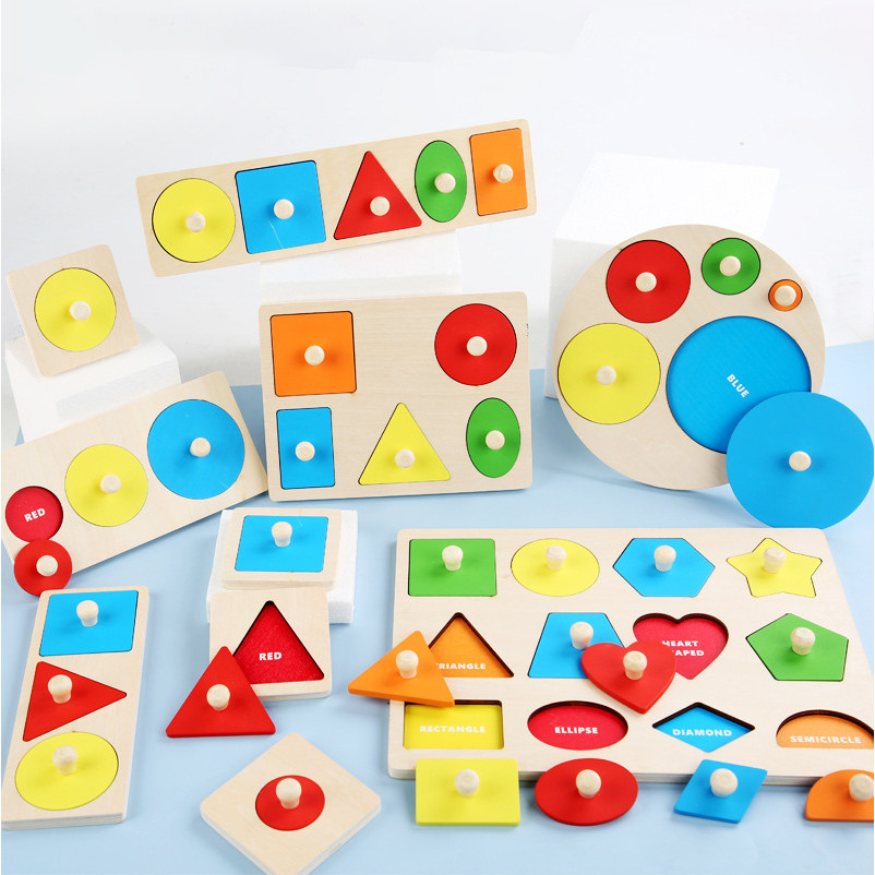 Wooden Montessori Geometric Puzzle Peg Board,Early Education Sensorial Toy for Toddlers Shape And Co