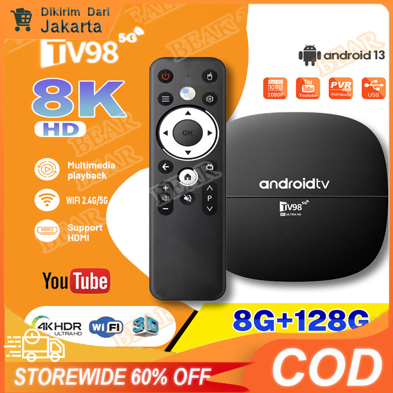 TV98 Set-Top Box Allwinner H313 Android 13 8K TV Box TV BOX Dual-Band Bluetooth Suara Remote Control