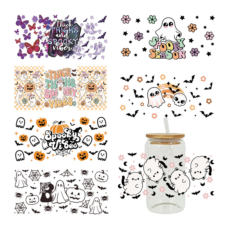 

UV DTF Spooky Ghost Pumpkin Halloween Stickers For 16oz Libbey Glasses Wraps Bottles Cup Can D4601