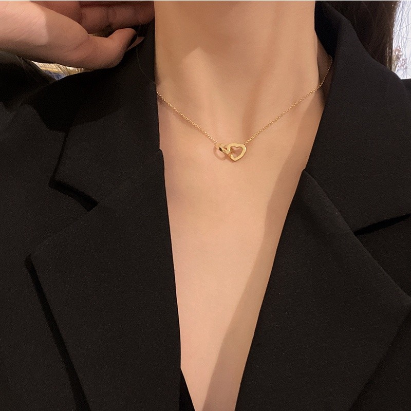 Kalung Wanita Double Heart Twins Love Warna Silver Gold Kalung Fashion Korea Perempuan