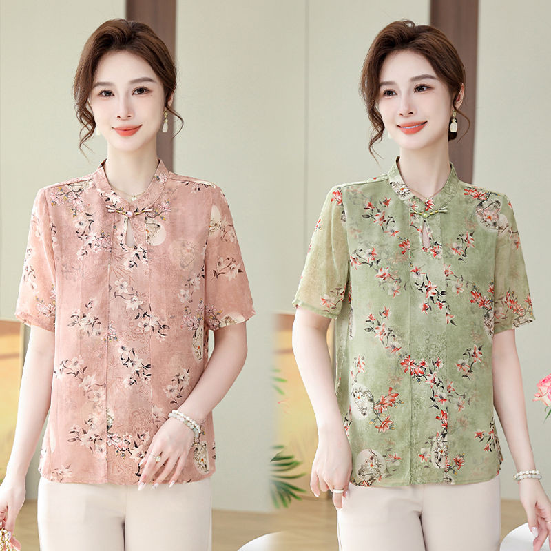 Kerah gesper cakram ibu muda pakaian musim panas wanita paruh baya dan lansia pakaian musim panas wa